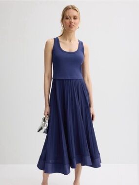 Claudie Pierlot Tradi Pleated Gown Sleeveless Scoop Neck Midi Dress Navy Blue 1